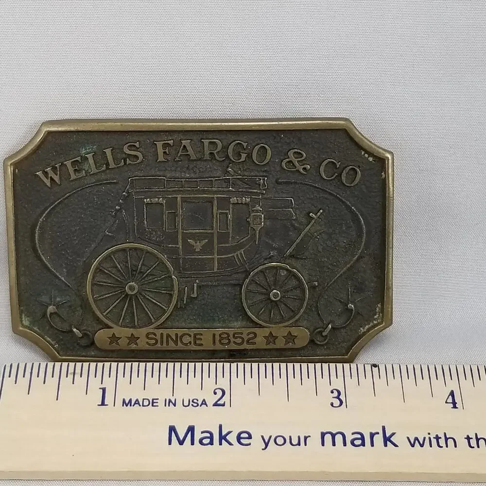 Vintage Belt Buckle 1970s Solid Brass Wells Fargo & Co Since 1852 Wagon USA Made